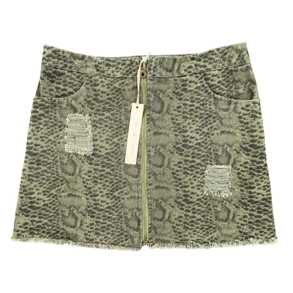 She + Sky Snake Print Mini Skirt Womens Large Olive Green Distressed New C714